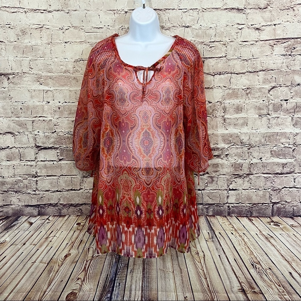 Maggie Barnes Orange Damask Print Keyhole Neck 3/4 Sleeve Blouse